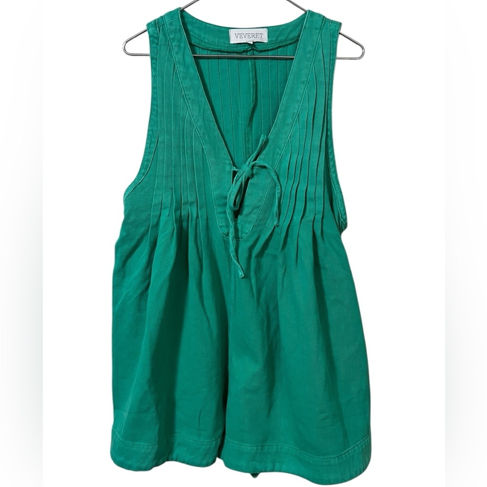 Vervet front tie sleeveless cotton denim romper with pockets in Kelly green